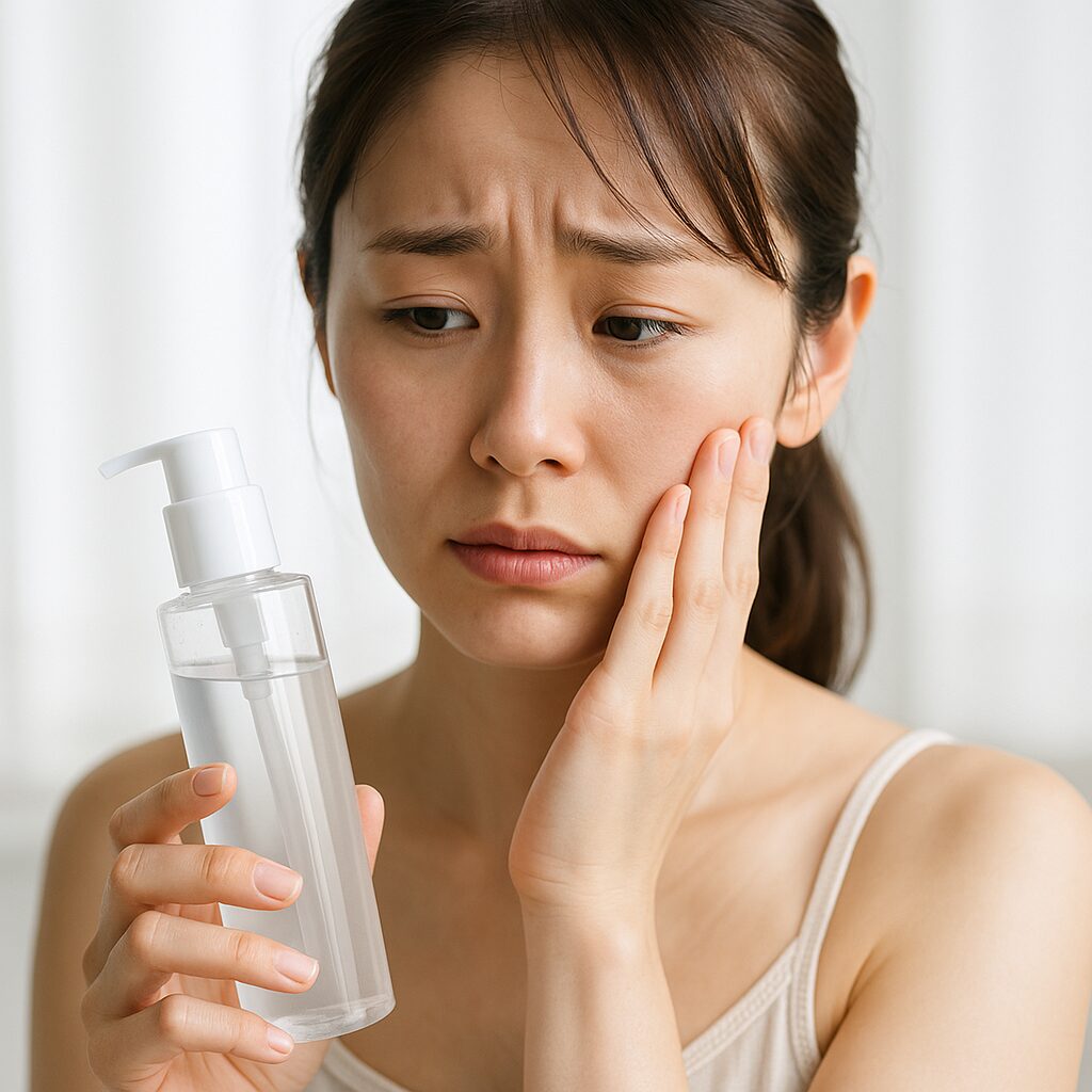 セラミド化粧水を手に取り、少し不安そうに肌の様子をうかがう女性