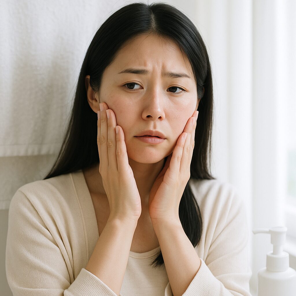 頬の刺激感に不安そうな表情を浮かべる女性