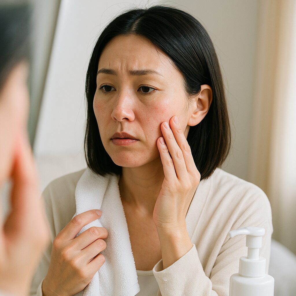 頬の肌荒れが気になりセラミド化粧品を見つめる女性