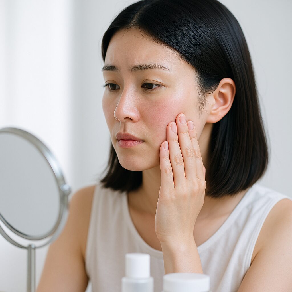 ヒリつきや赤みが出た頬を気にする女性