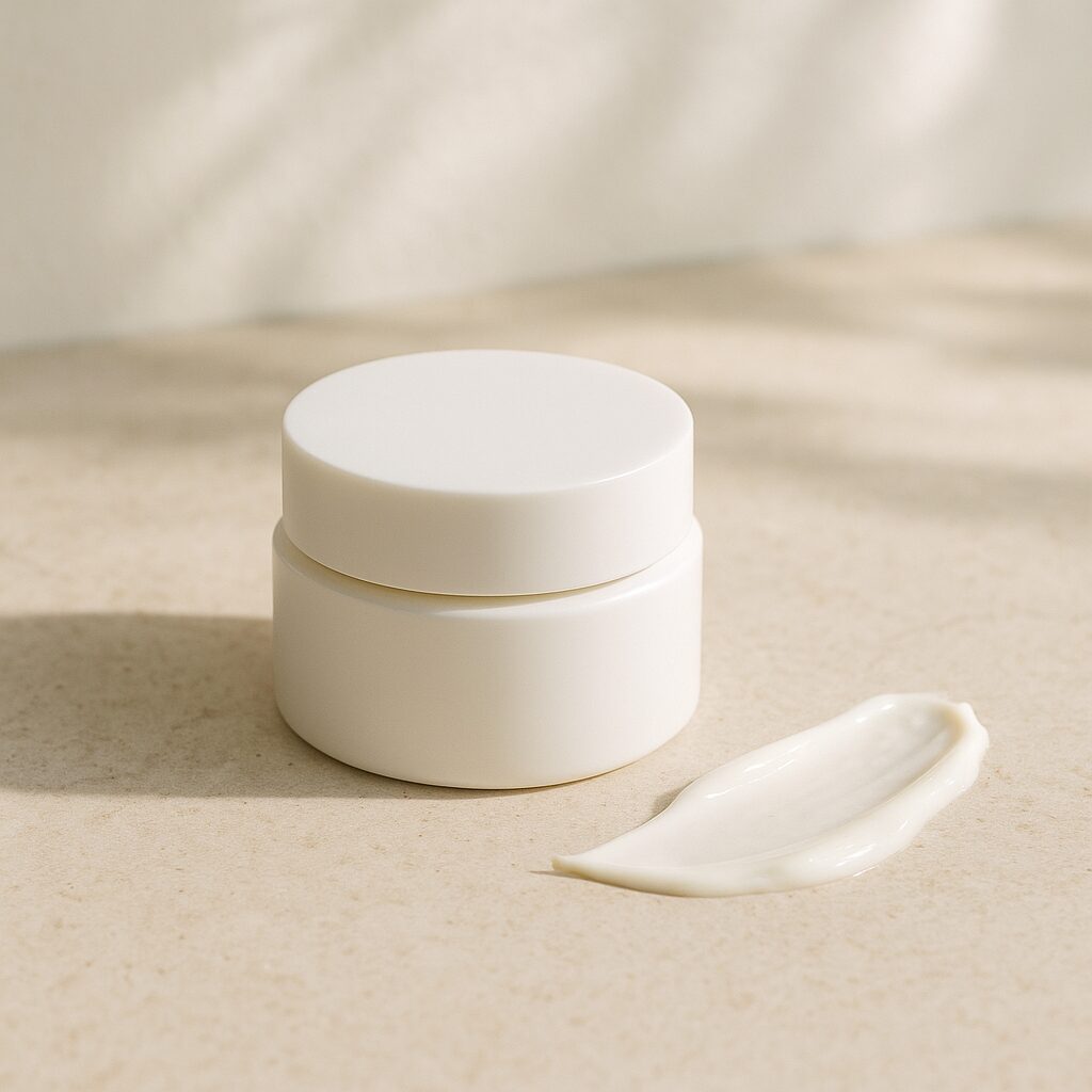 セラミド美容液を手にして不安そうに鏡を見る女性