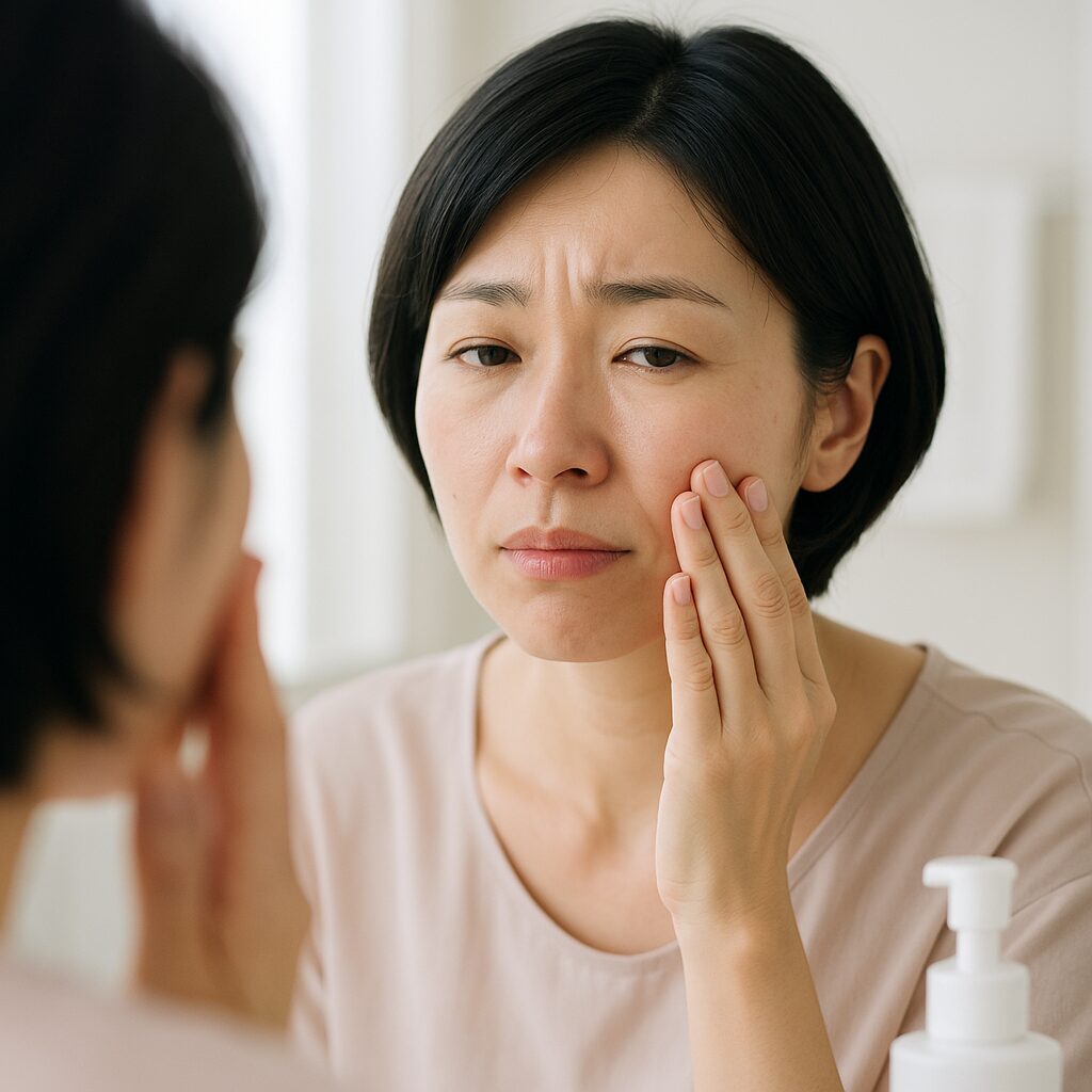 セラミド化粧品を使ったあと、肌のヒリつきが気になって鏡を見る女性