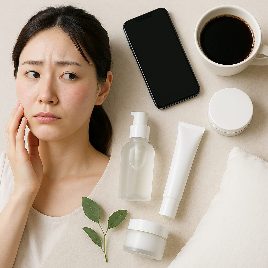 頬の赤みに影響しやすい生活習慣やアイテムのイメージ