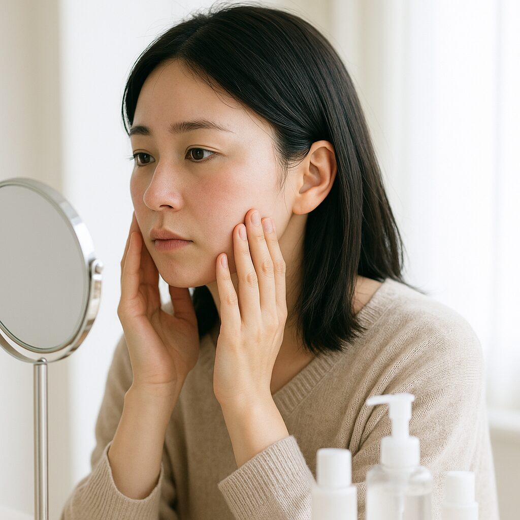 頬の赤みを鏡でチェックしている女性