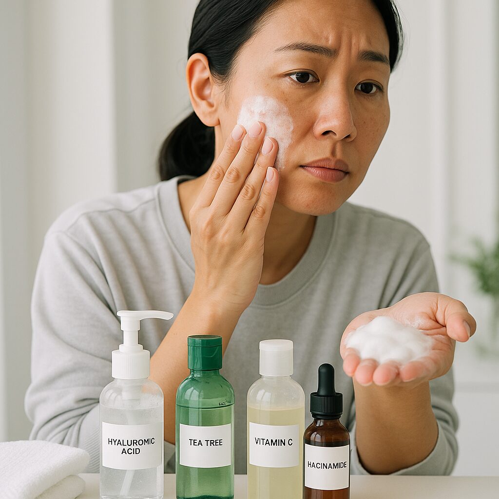 泡立てた洗顔料と成分表示が見えるスキンケアボトルのクローズアップ