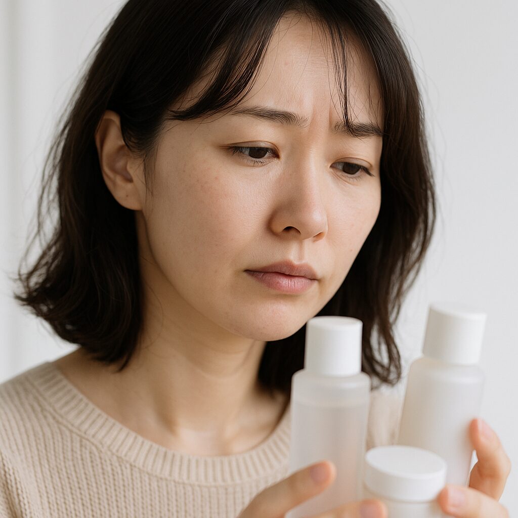 スキンケアボトルを前に、少し不安そうな表情で肌の様子を気にする女性