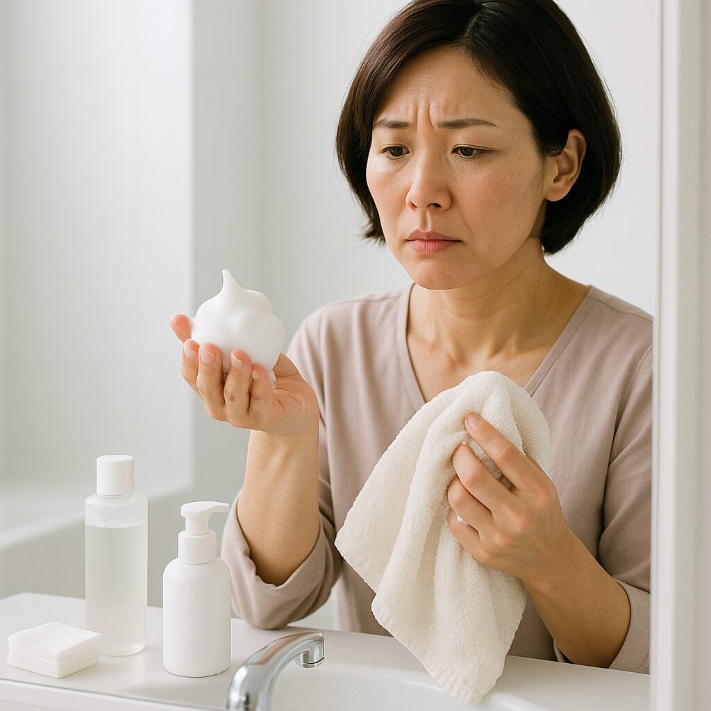 泡洗顔料とタオルを手に持ったクローズアップ。洗いすぎや摩擦による刺激のイメージ