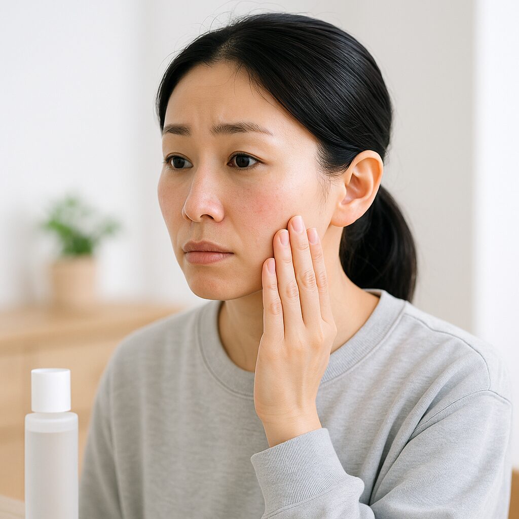 軽い顔の赤みとほてりが気になり、頬にそっと手を当てて様子を見る女性