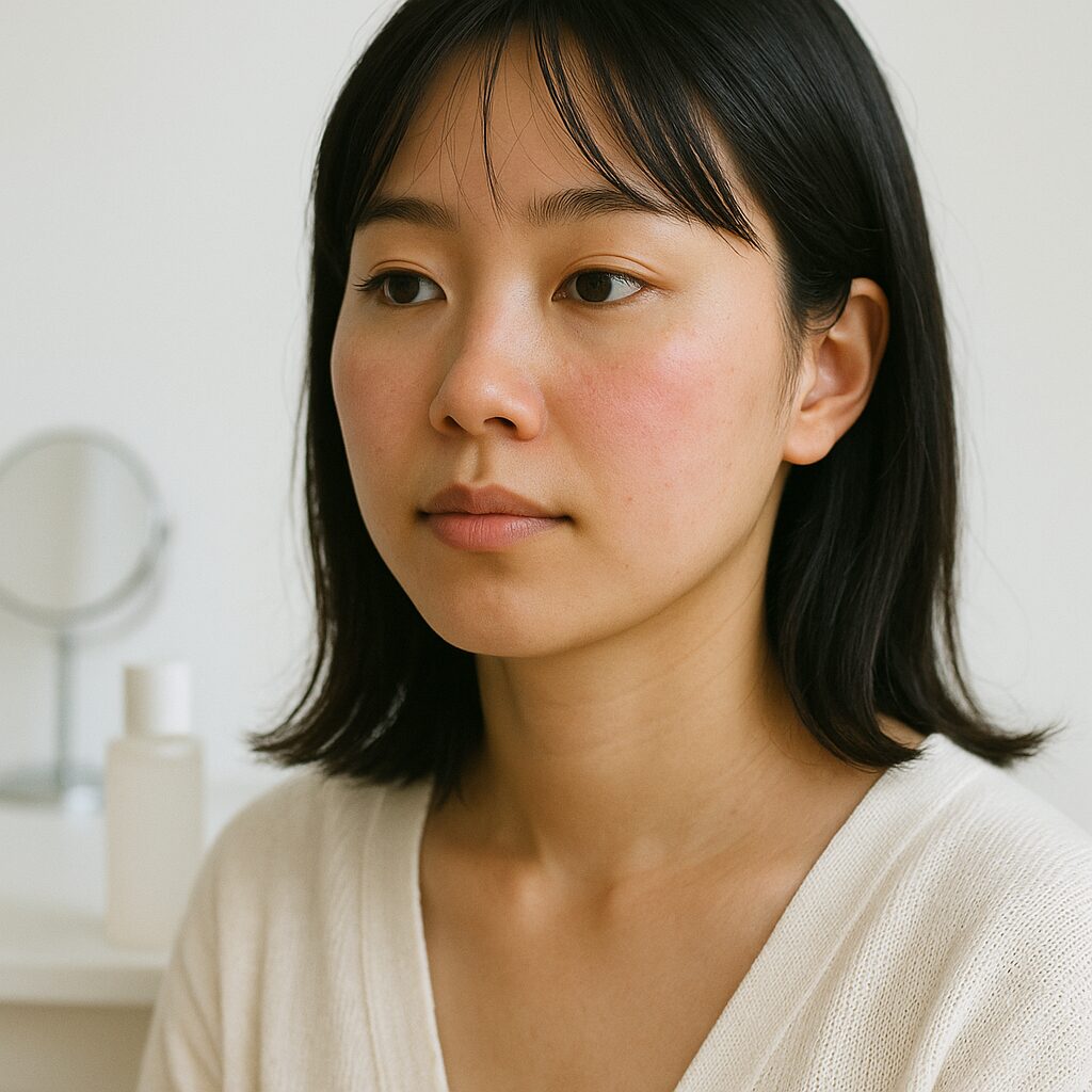 軽い赤みが出ている頬のクローズアップ。穏やかな印象の肌状態