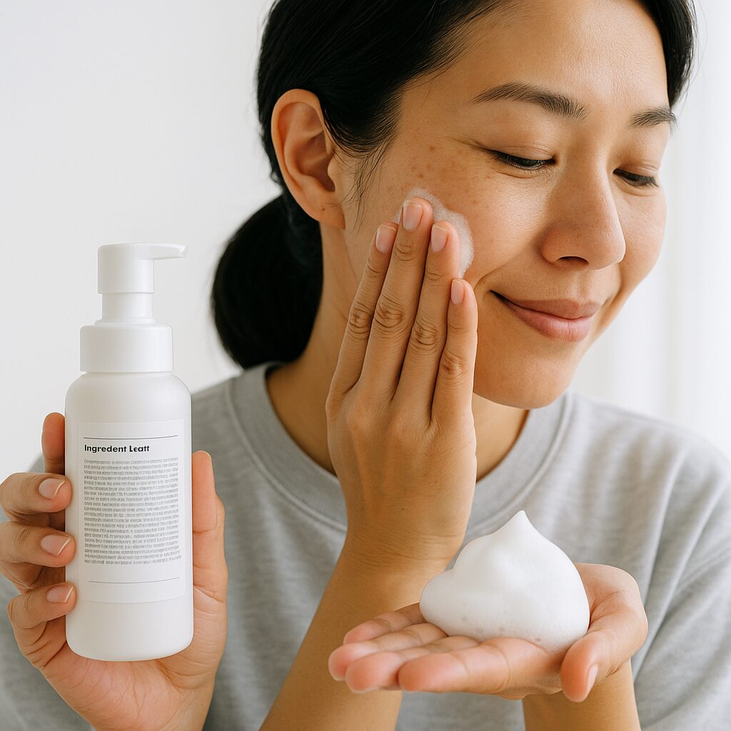 低刺激の泡洗顔料と成分表示ラベルを手に持っている様子の写真