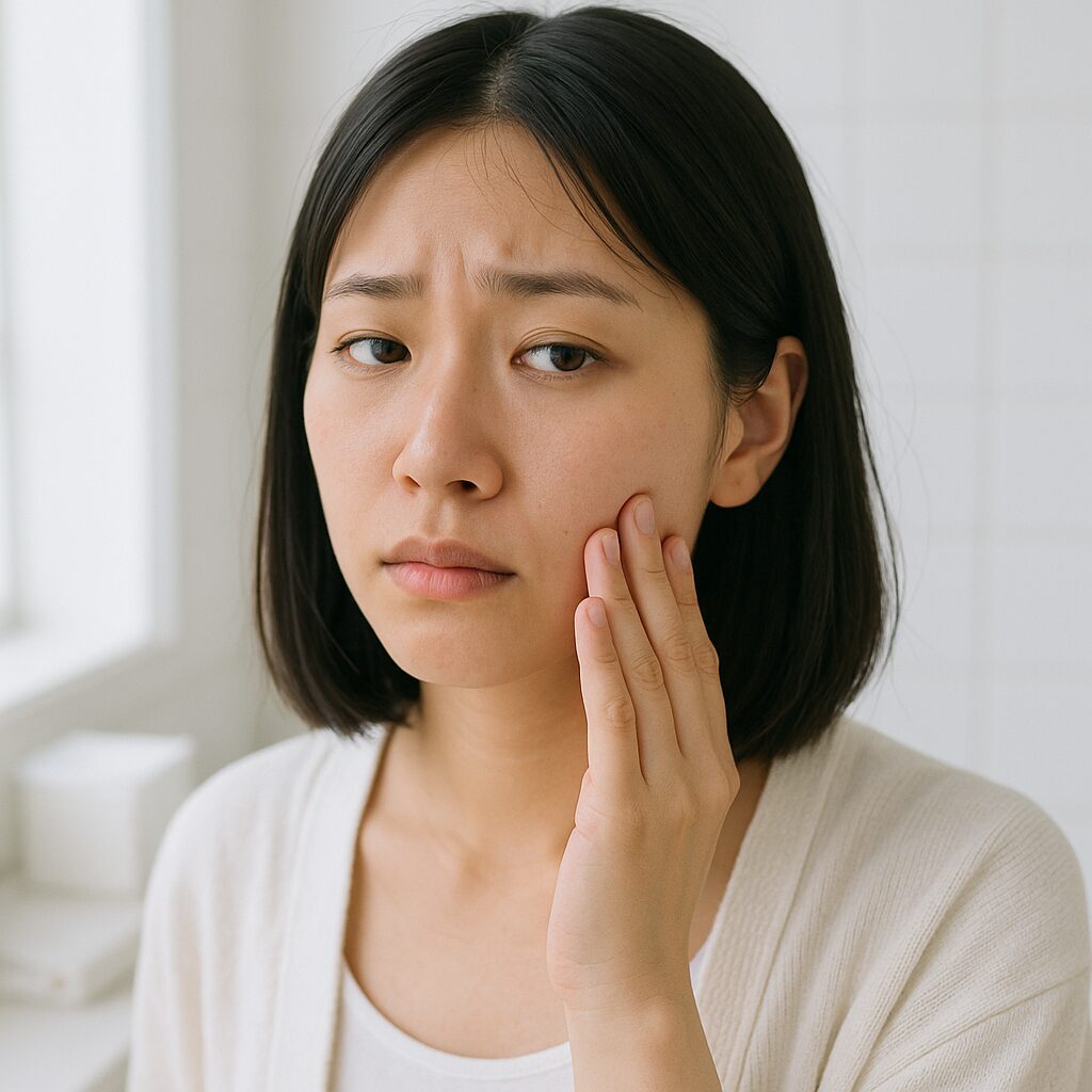 軽い不安そうな表情で頬にそっと手を添える女性のクローズアップ写真