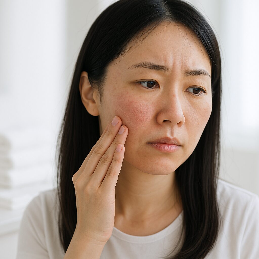 軽い赤みと乾燥がある頬のクローズアップ写真