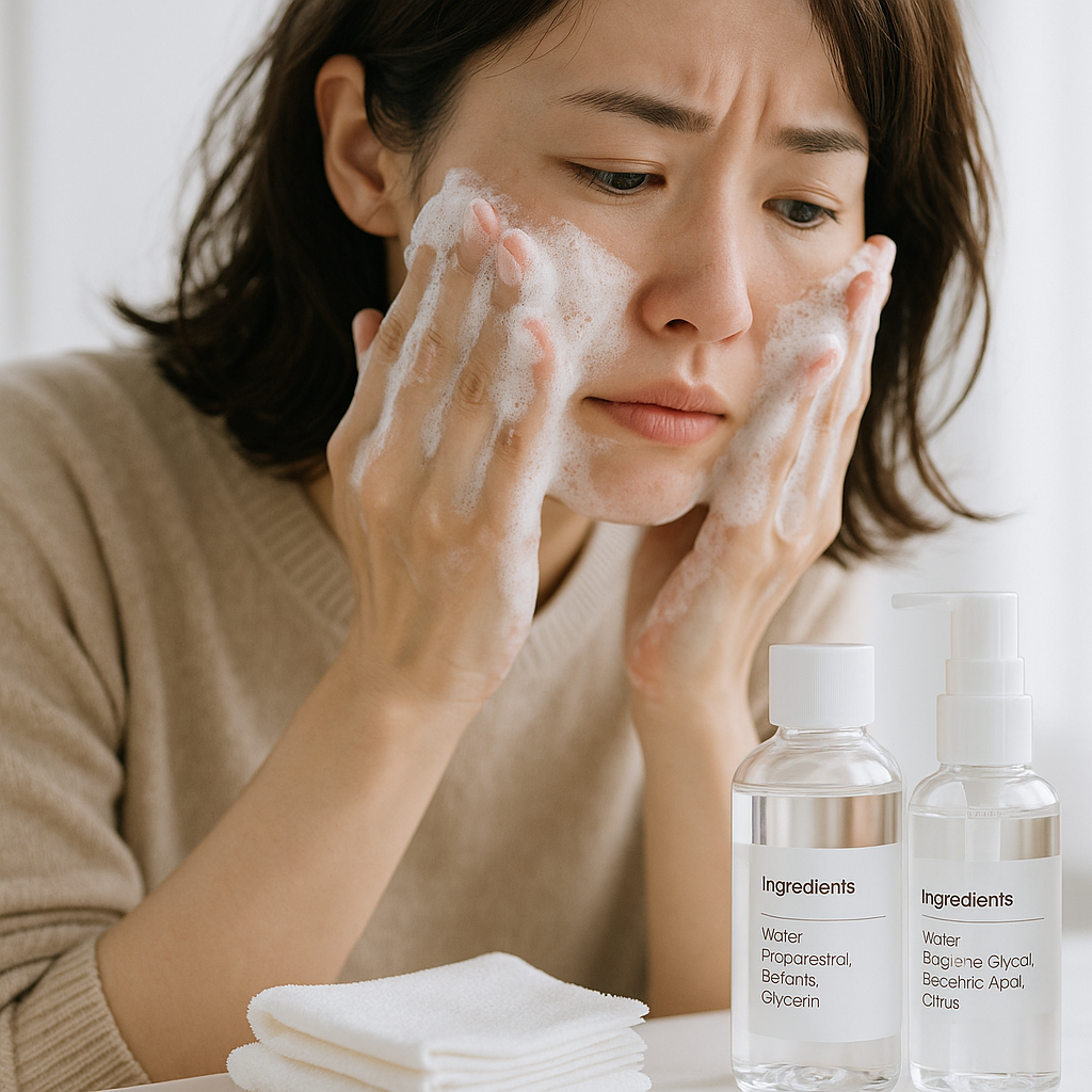 泡洗顔とスキンケア成分表示のボトルが並んだ原因イメージの写真