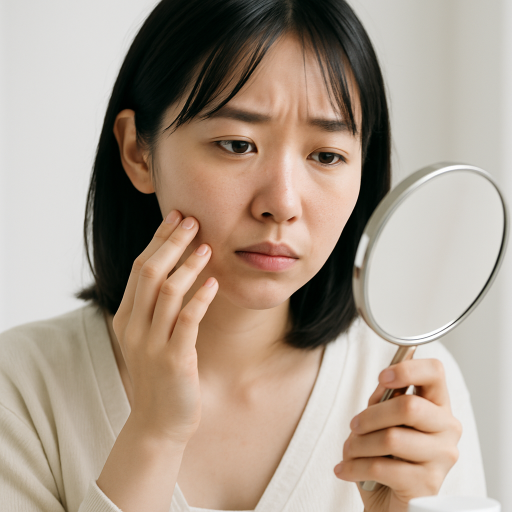 ファンデのノリに軽い違和感を覚えて鏡を見る女性の写真