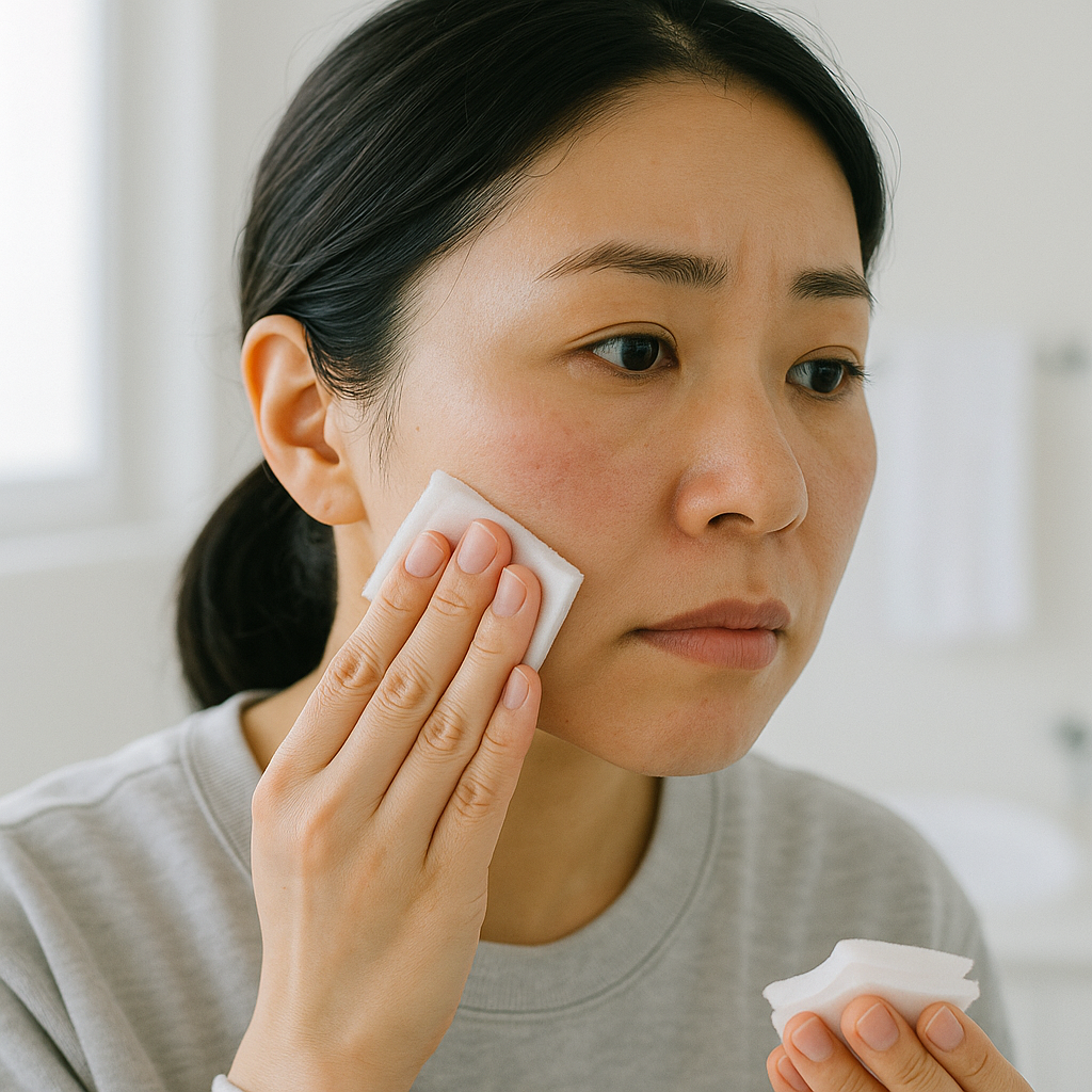 頬にうっすら赤みとファンデのムラが見える肌のクローズアップ写真