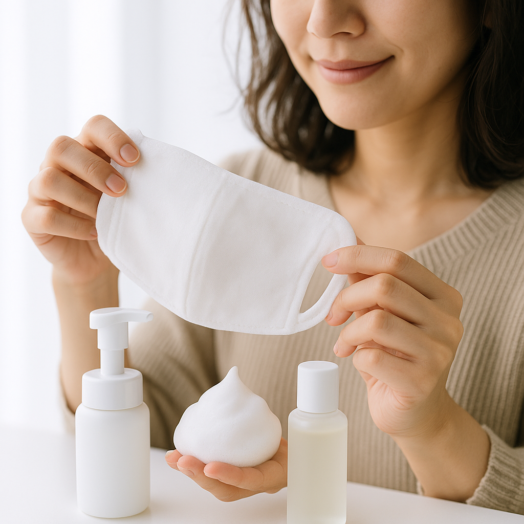 マスクの素材と泡洗顔料など、頬のヒリヒリの原因になりやすい要素をイメージした写真