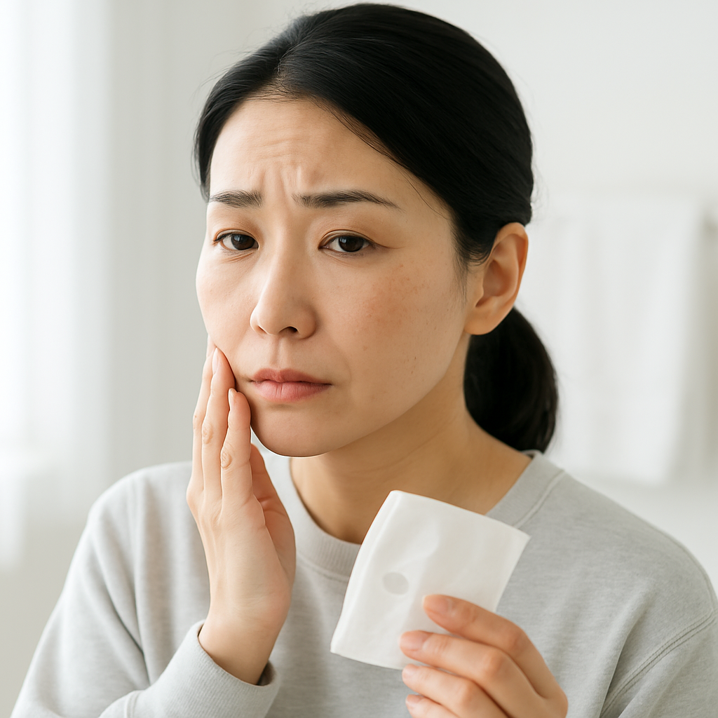 マスクを外した後に頬のヒリヒリが気になっている女性のイメージ写真