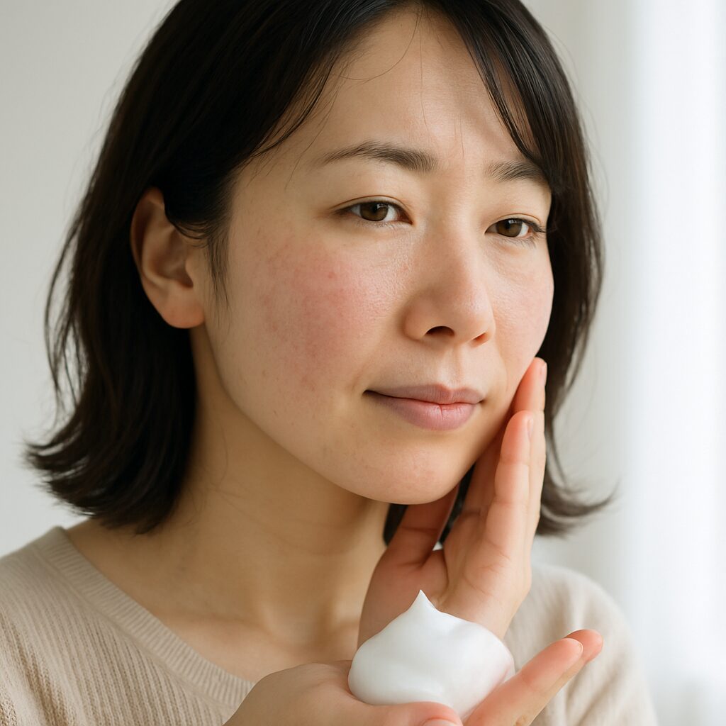 頬の赤みが気になりそっと触れている女性の写真