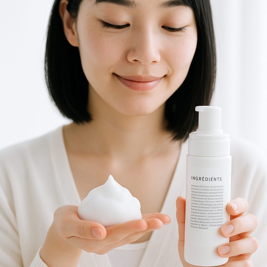 泡洗顔と成分表示を確認している様子のイメージ写真