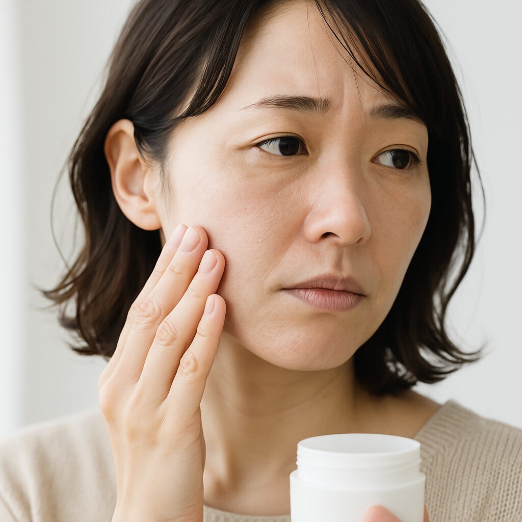 季節の変わり目に肌のカサつきに軽く不安を感じている女性のイメージ写真