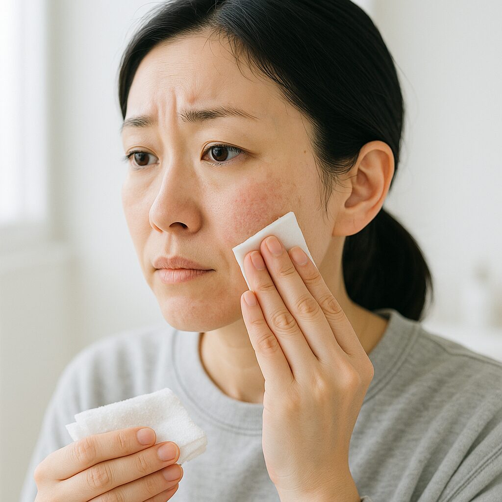 軽い赤みと粉ふきがある頬のクローズアップ写真