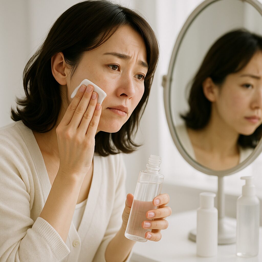 化粧水がしみていないか肌の様子を確認している女性