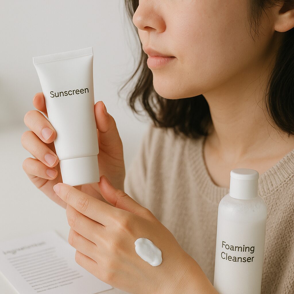 日焼け止めの容器と成分表示、泡立てた洗顔料が並んでいるイメージ