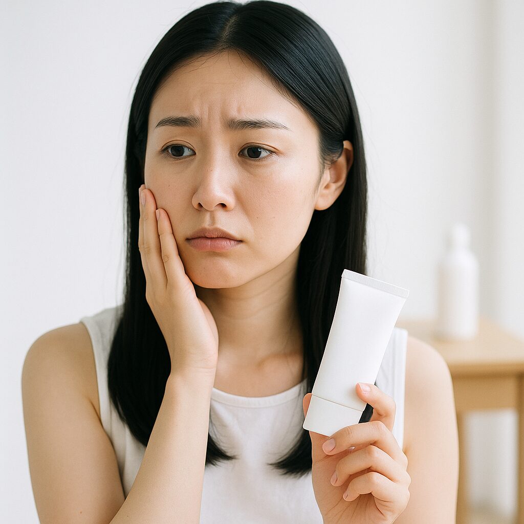 日焼け止めを手に持ち、ほおに軽い違和感を感じている女性のイメージ