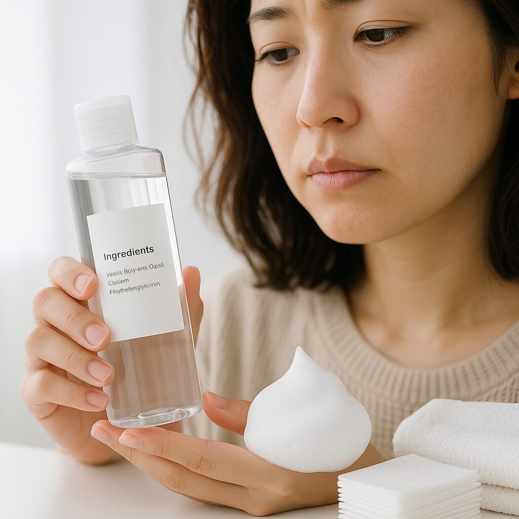 成分表示が見える化粧水ボトルと、泡立てた洗顔料が並んでいる様子のクローズアップ