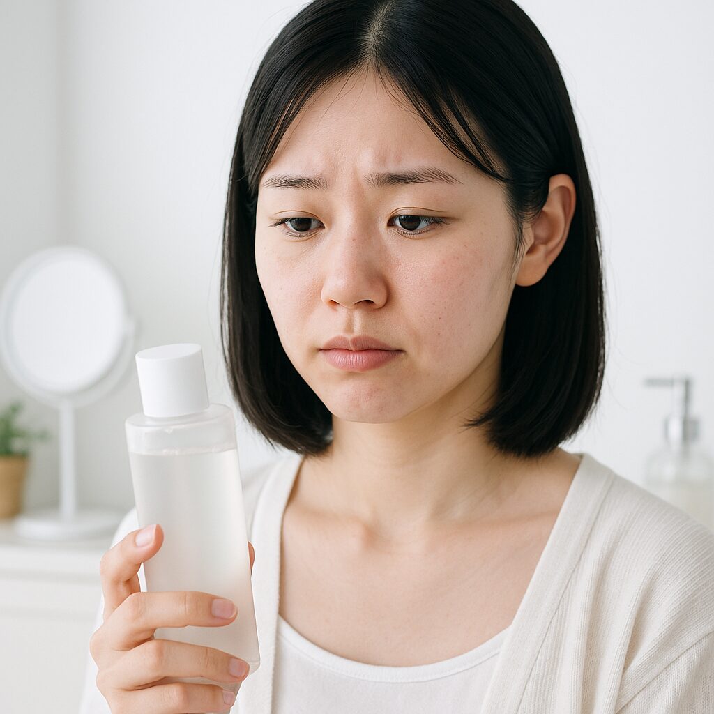 化粧水のボトルを手に取り、少し不安そうな表情で肌の様子を気にしている女性