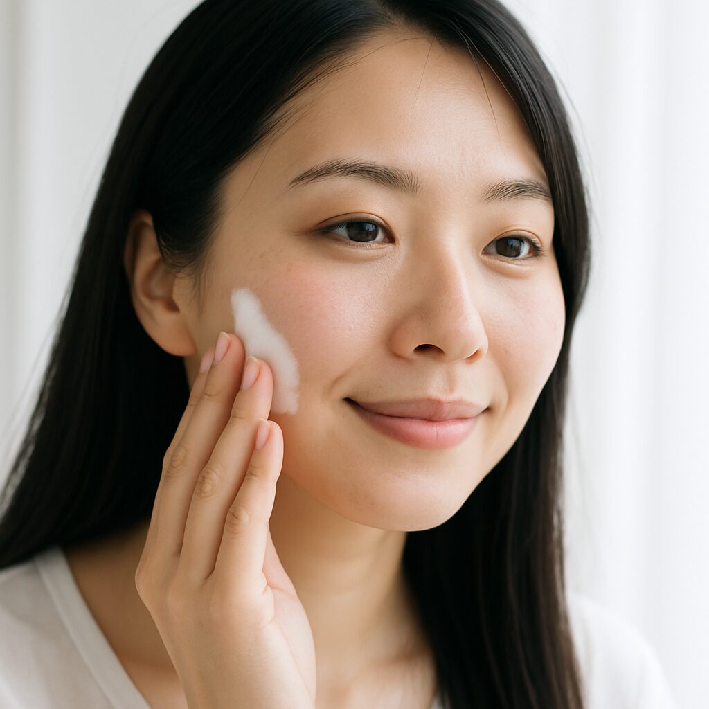 指でそっと触れている、うっすら赤みがある頬のクローズアップ