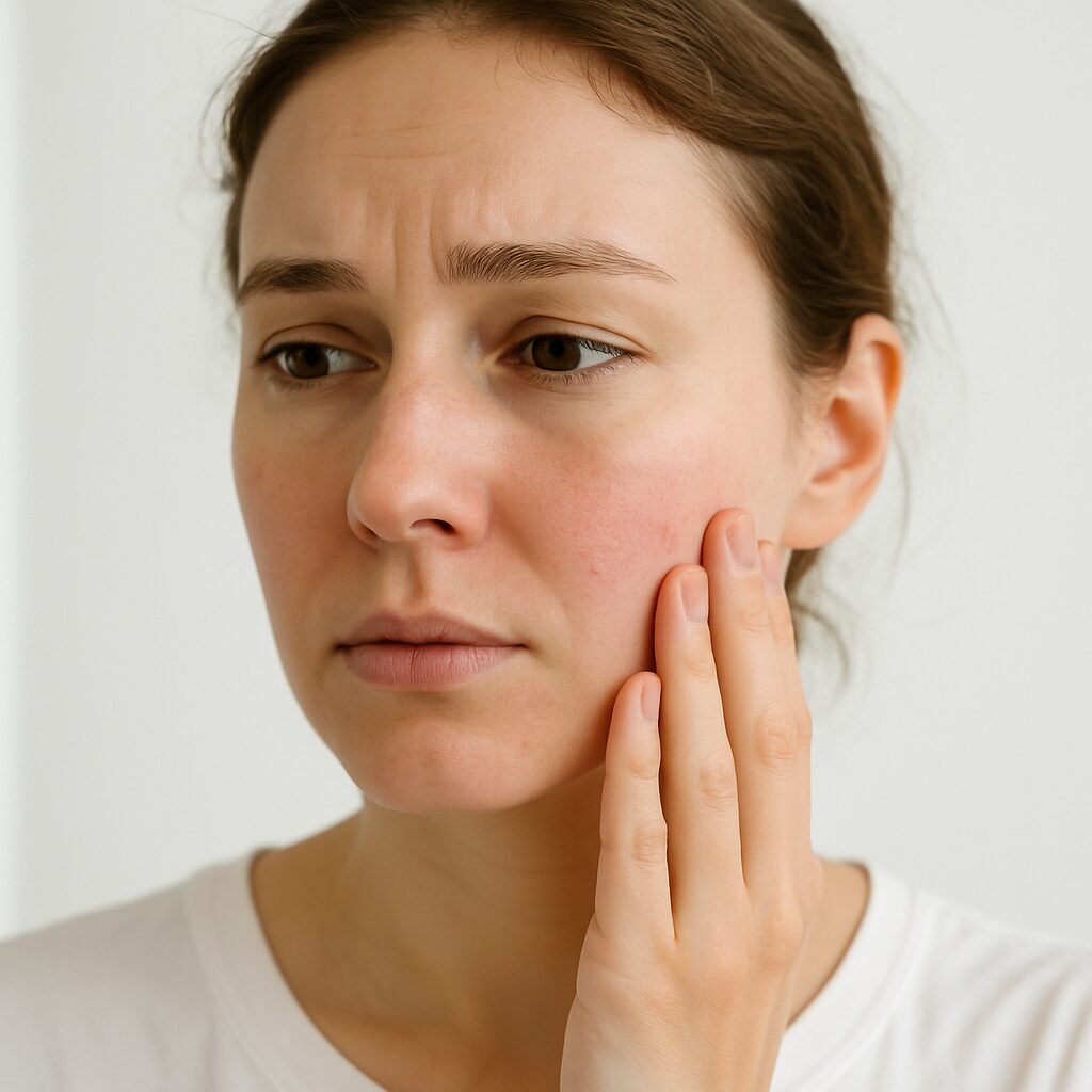 日焼け後にほてりを感じて頬をそっと触っている女性の写真