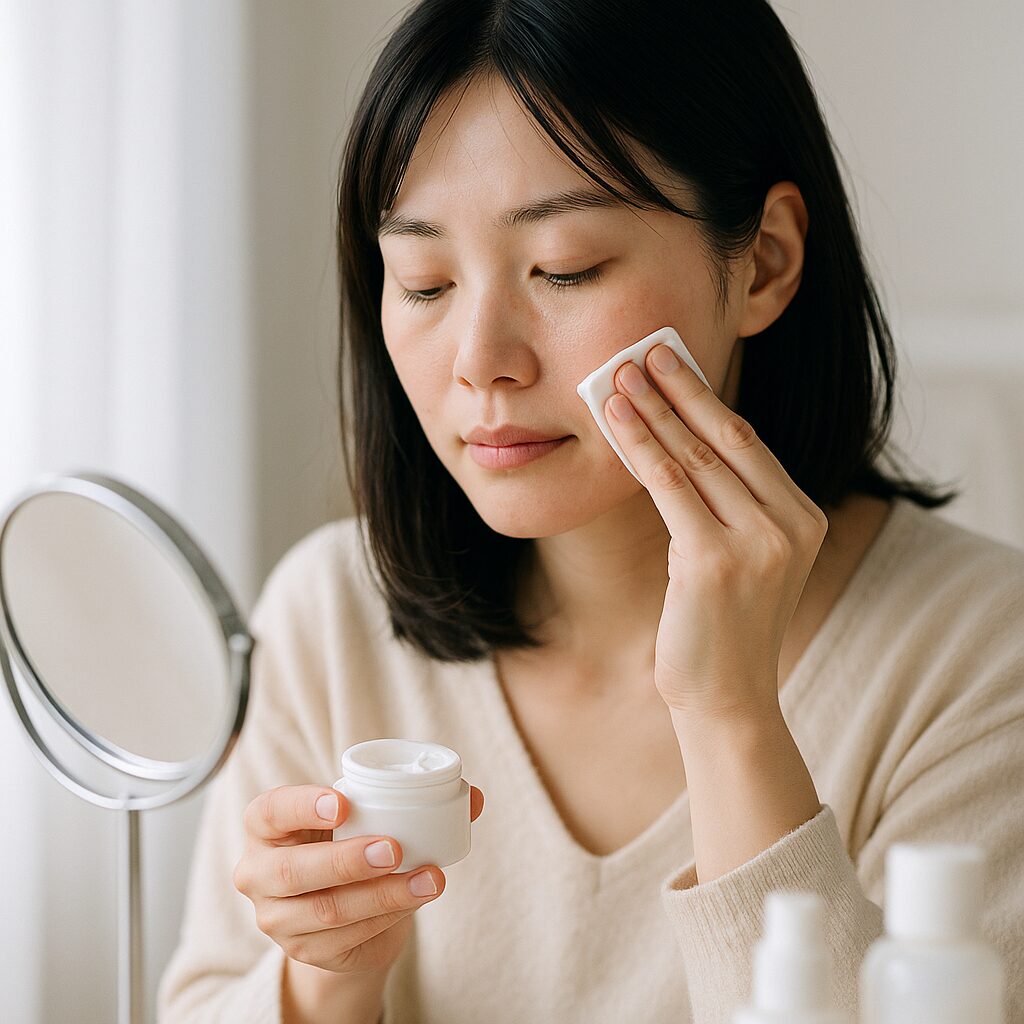 冬に保湿クリームをやさしく塗る女性のイメージ