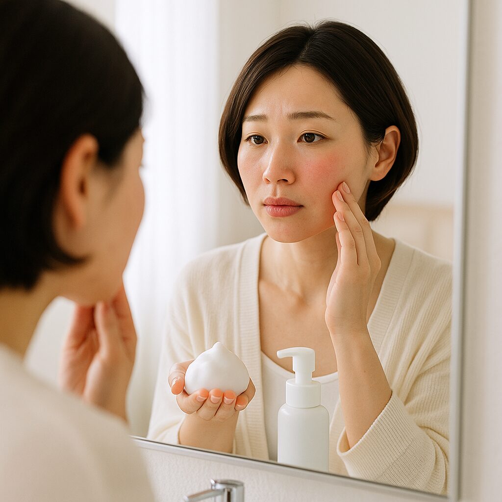 鏡の前で頬の赤みをチェックしている女性