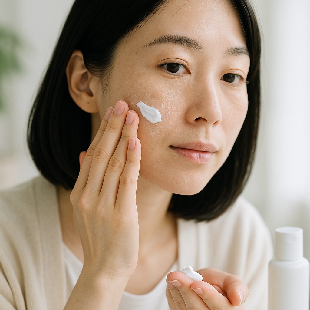 粉ふきした頬にクリームをやさしく重ねている女性