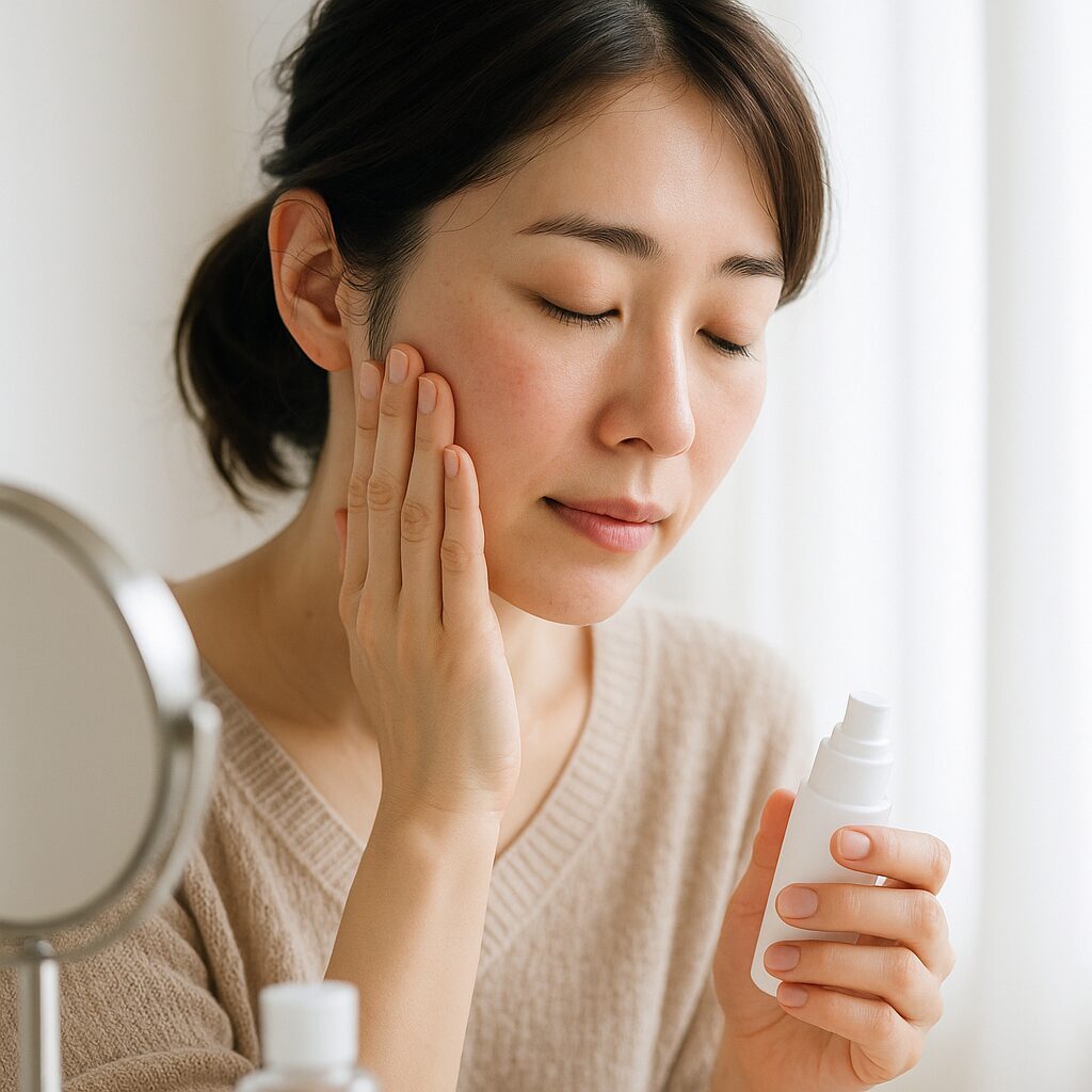 暖房でほてった肌をそっと手でおさえる女性