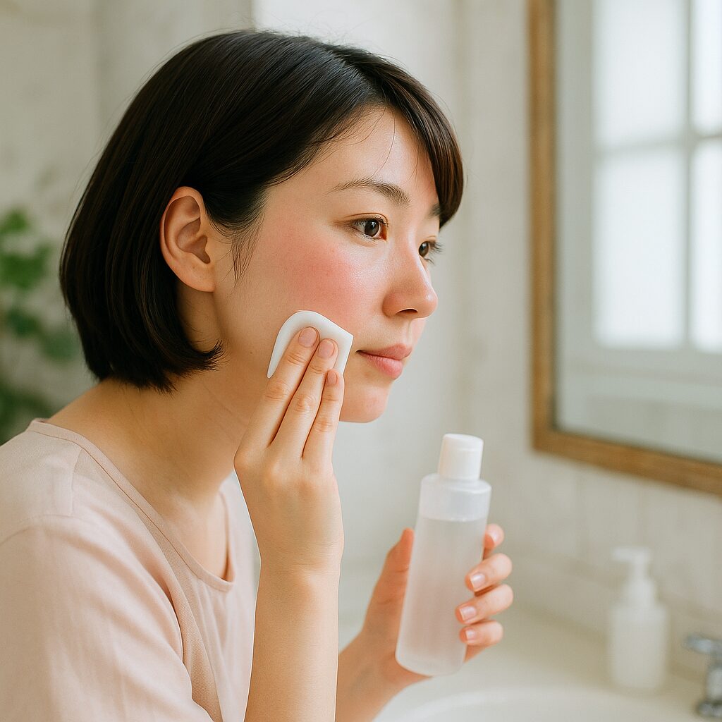 お風呂あがりに赤くほてった顔を鏡で確認している女性