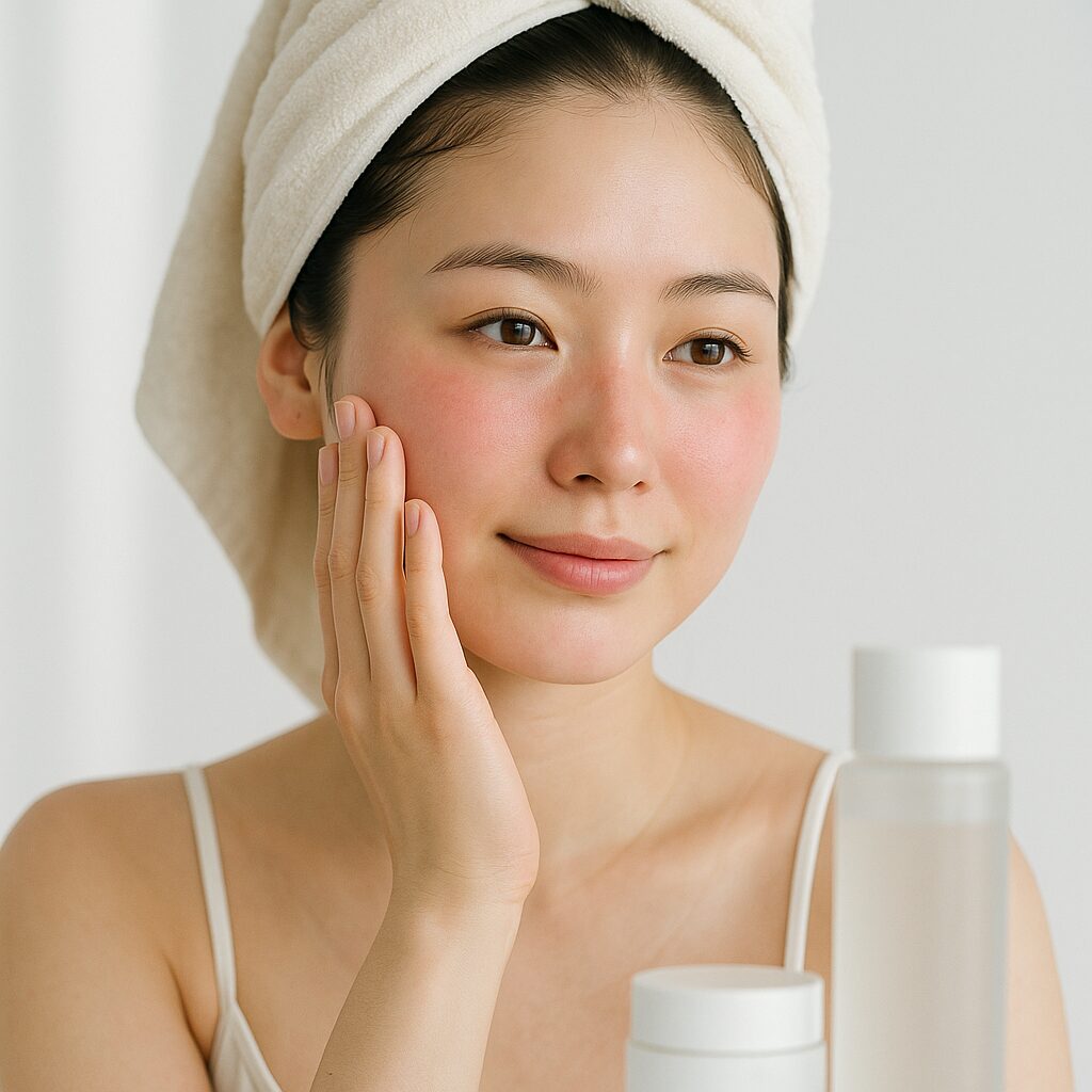 頬の赤みとほてりを気にしている女性の顔のクローズアップ