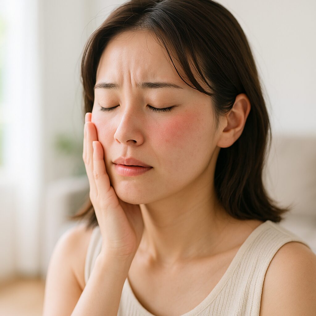 暖房で頬が少しほてっている女性が自分の肌を気にしている様子