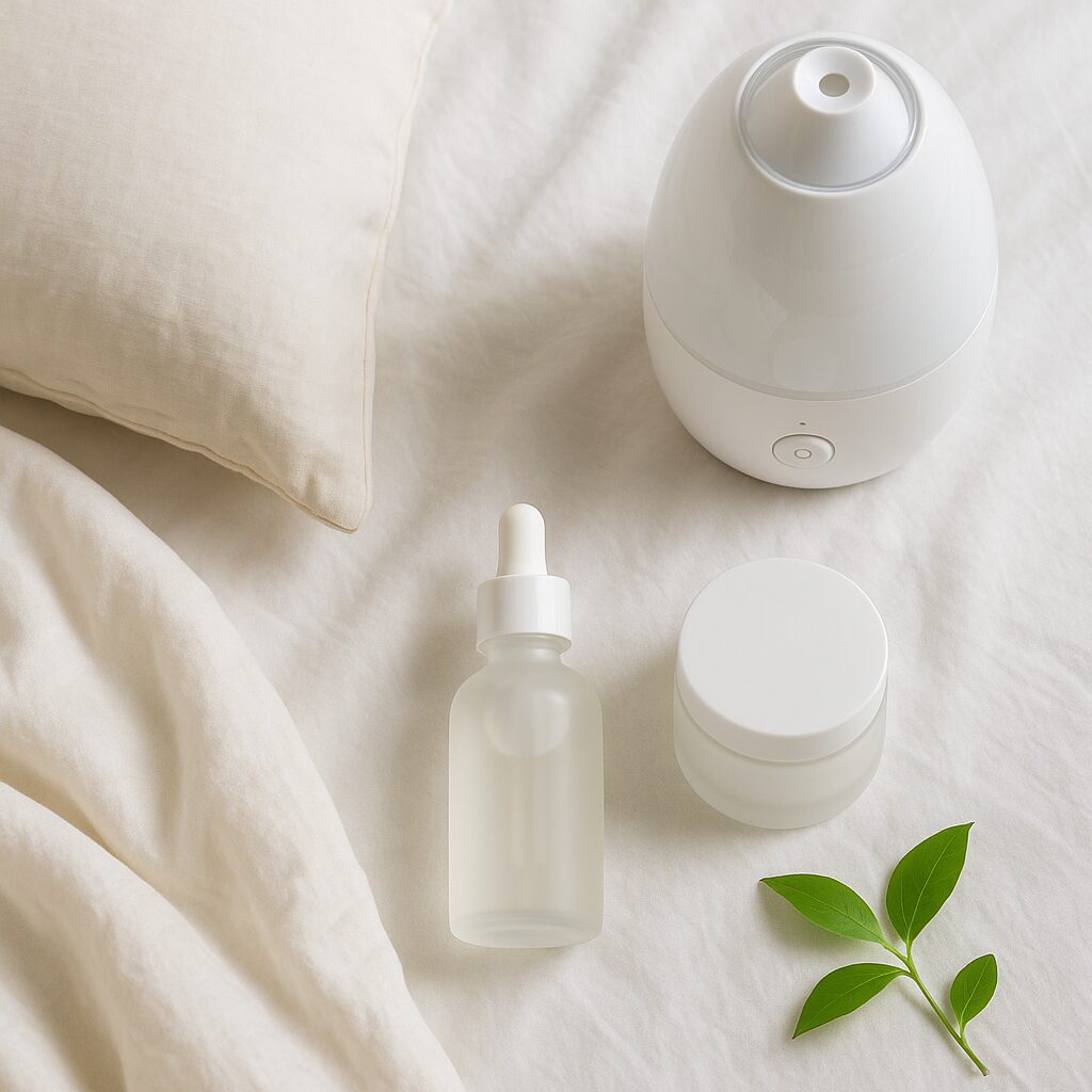 夜の顔のかゆみに関係しやすい寝具やスキンケアアイテムのイメージ