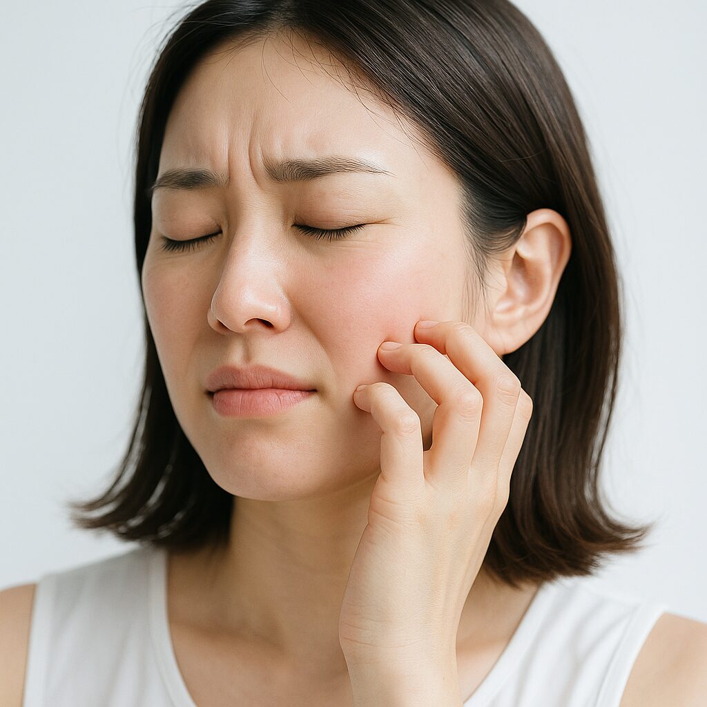 顔のかゆみと軽い赤みを感じている女性のイメージ
