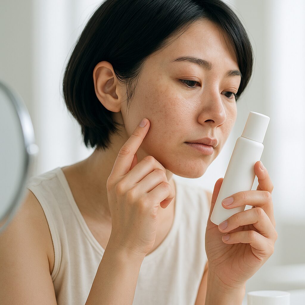 ファンデーション前の素肌をチェックしている女性