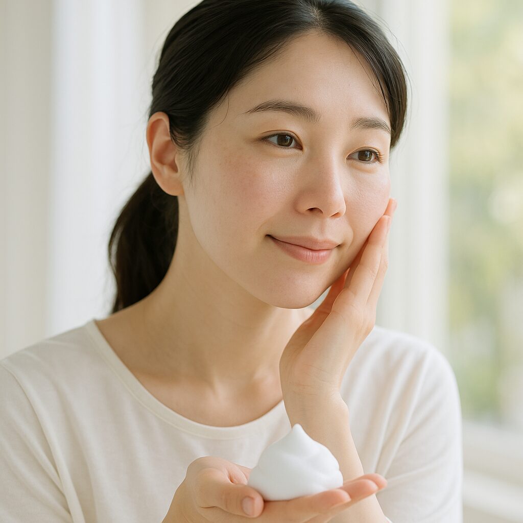 春の花粉シーズンに頬のムズムズを気にしている女性