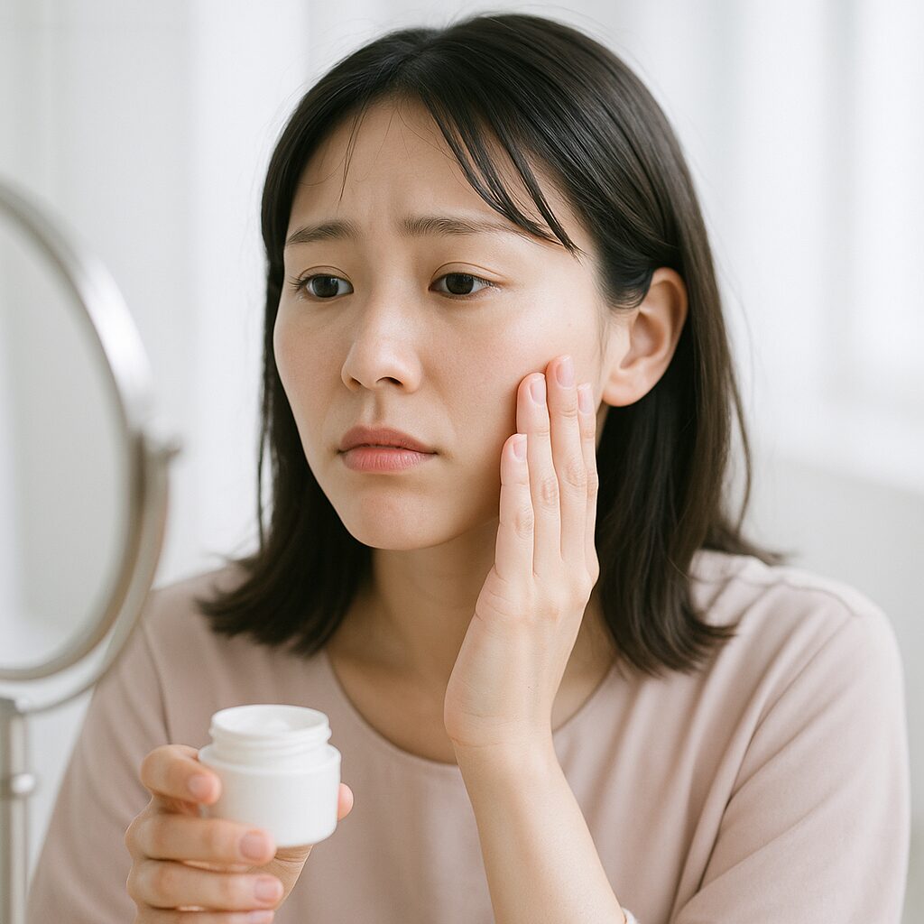 洗顔後の肌状態をチェックしている女性のイメージ