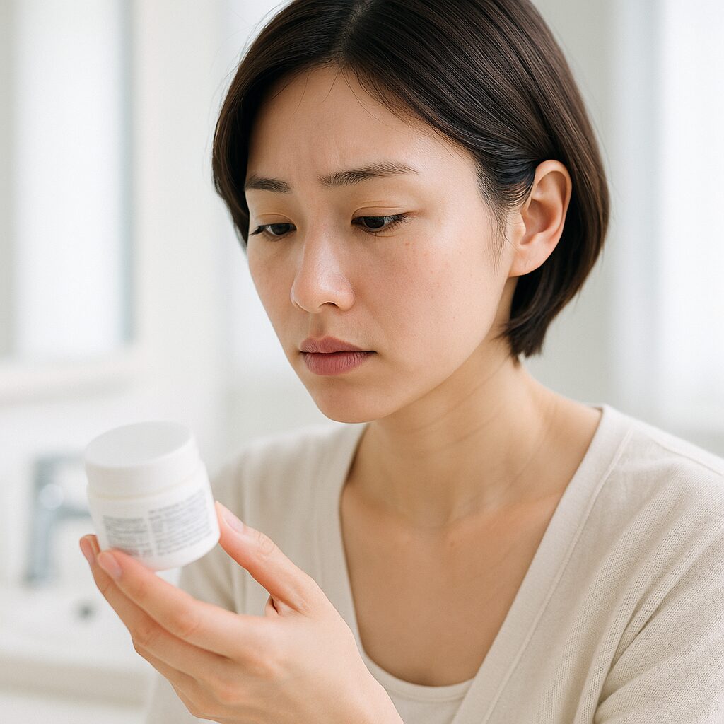 コスメの成分表示をチェックしている女性