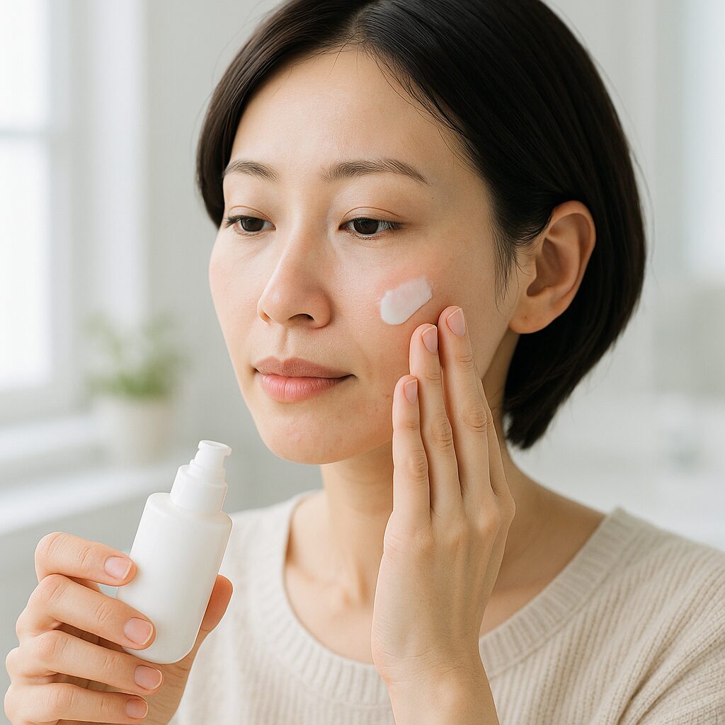乳液を手に取り、これからスキンケアをする女性の様子