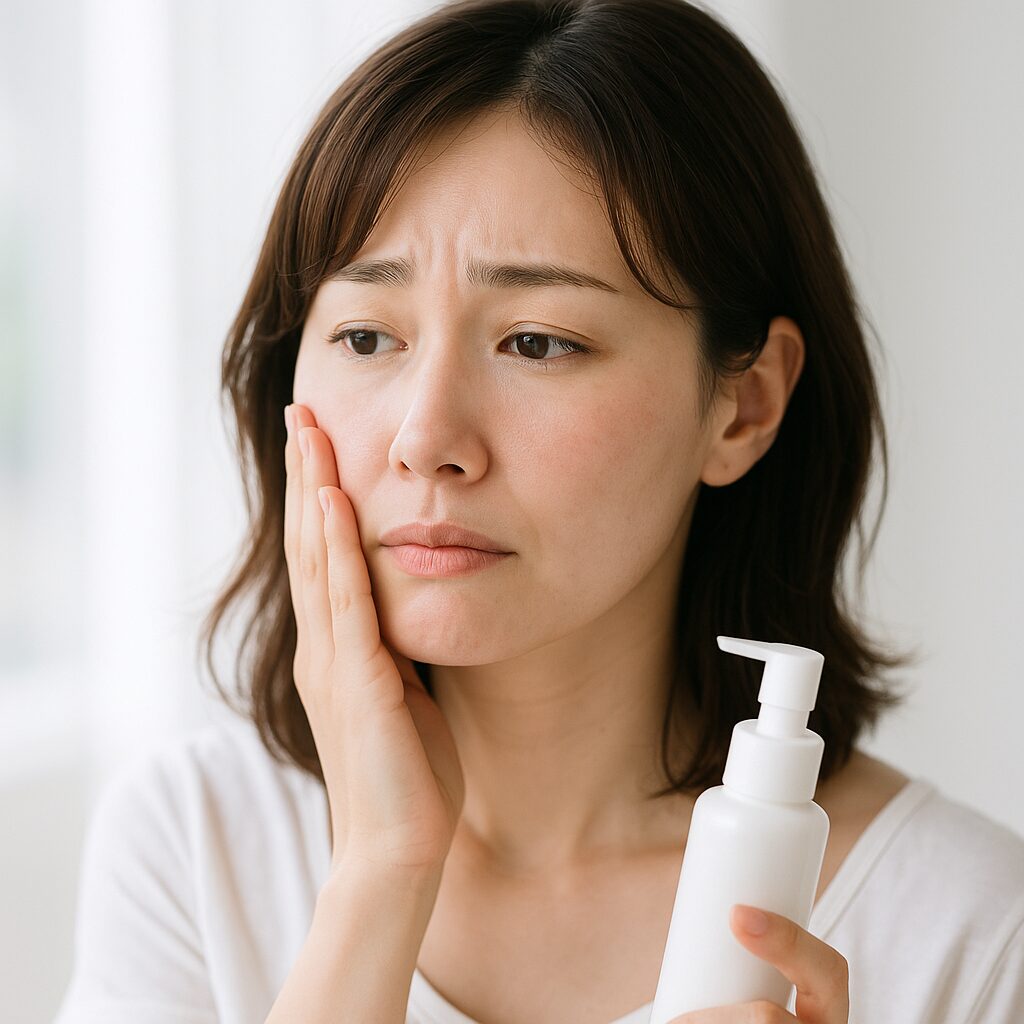 乳液がしみて少し気になっている女性の表情