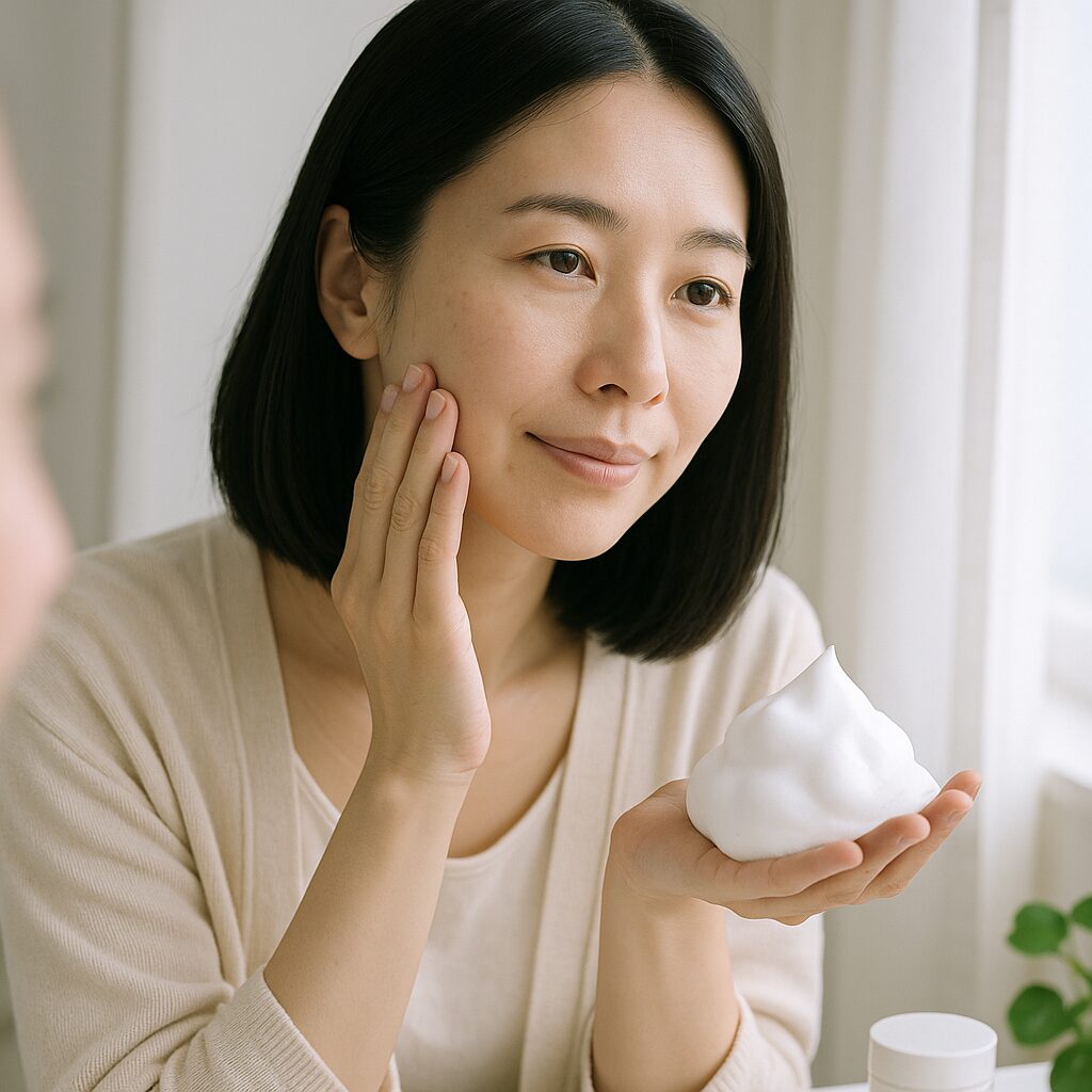 洗顔後の肌のつっぱりを気にして鏡を見る女性