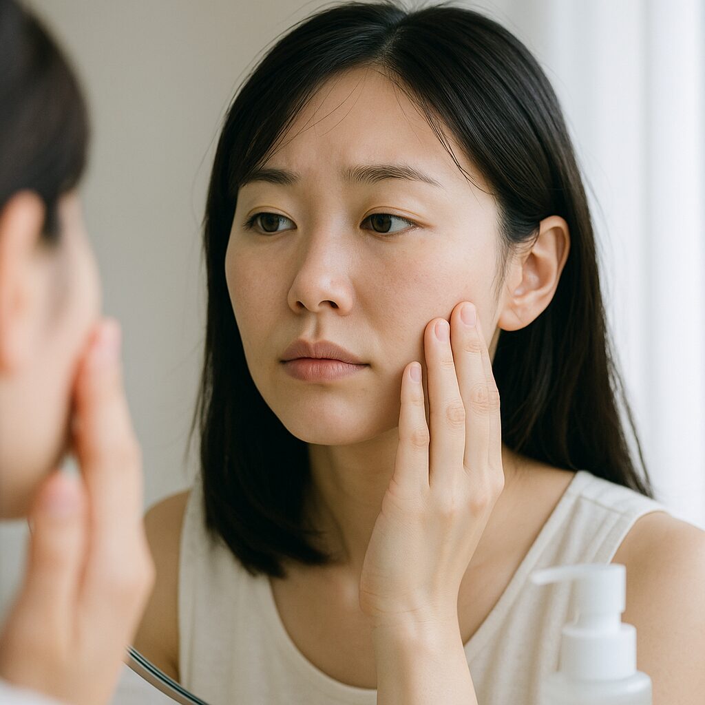 洗顔後の乾燥感やつっぱりを感じている女性の表情