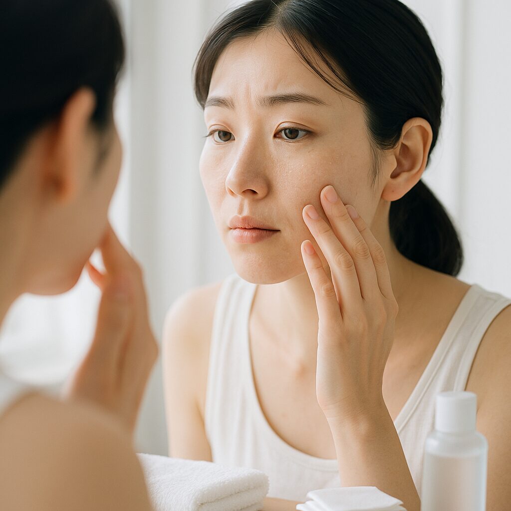 鏡を見ながら頬の乾燥を気にしている女性